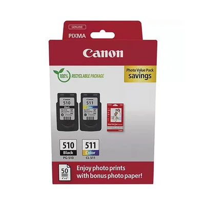 Image of Canon PG 510 / CL 511 Genuine Ink Cartridges, Pack of 2 (1 x Black, 1 Colour), Includes 50 sheets 4x6 Photo Paper Cardboard Multipack