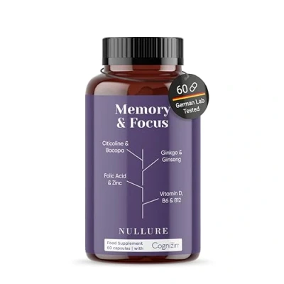Image of Nullure Memory &amp; Focus Nootropic Brain Supplement Concentration · Energy Citicolin COGNIZIN + Ginkgo Biloba 6000mg Bacopa Monnieri Ginseng Caffeine Free 60 Capsules