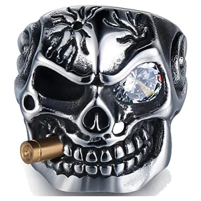 Image of Vintage Stainless Steel Gothic Skull Smoking Bullet Biker Cocktail Party Ring (V)
