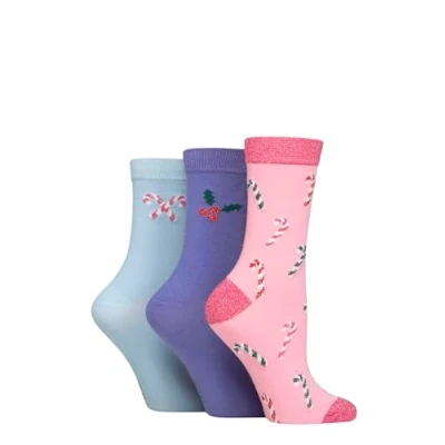 Image of Women&#039;s 3 Pair SOCKSHOP Wildfeet Cotton Christmas Gift Socks Candy Cane / Holly 4 8