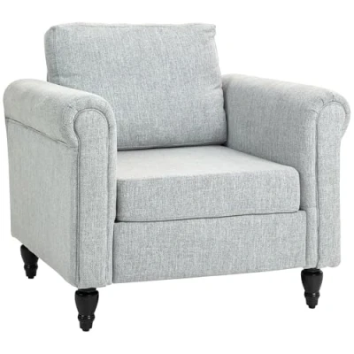 Image of HOMCOM Vintage Armchair, Upholstered Accent Chair with Back Pillow, Rolled Arms and Gourd Shaped Rubber Wood Legs, Single Sofa for Living Room, Reading Light Grey