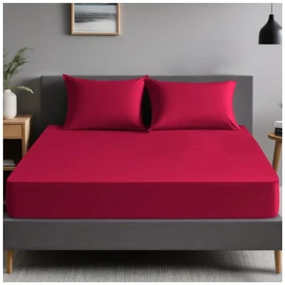 Image of Super Soft Polycotton Percale Sheets, Plain Dyed Bedding Bedsheets, Non Iron Superking Fitted Sheet, Red