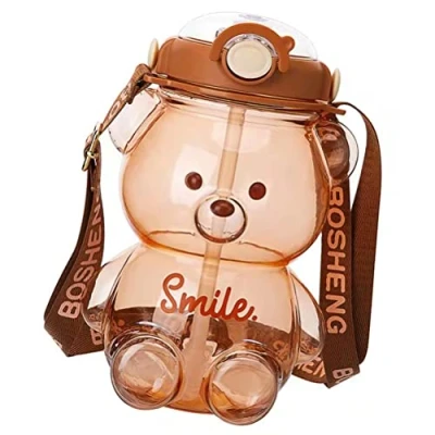 Image of Kawaii Bear Straw Bottle Portable Cartoon Kids Water with and Carrying Loop Adjustable Shoulder Strap for Girl Cute Juice Tea Cups