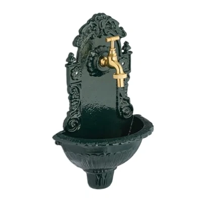 Image of Relaxdays Wall Mounted Fountain, with Tap, Garden Washbasin, Cast Iron, HxWxD: 40 x 24.5 15 cm, Antique Design, Green, Aluminium