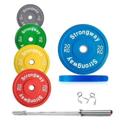 Image of Strongway® Olympic 50KG 70KG 100KG Bumper Weight Plates Sets with 6FT 7FT Barbell Colour Coded 2 Inch (2&quot;) / 50mm Hole Rubber Coated Cast Iron (50KG SET + BAR)