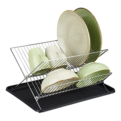 Image of Relaxdays dish drip tray, foldable drying, kitchen draining, plate rack, metal, drainer in black, Iron, 28 x 42 32 cm
