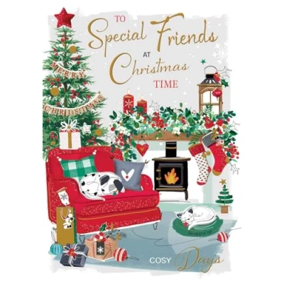 Image of Special Friends Christmas Card Cosy Festive Lounge Contemporary Artistic Design Finishes and Illustrated Insert Leaf Made in the UK