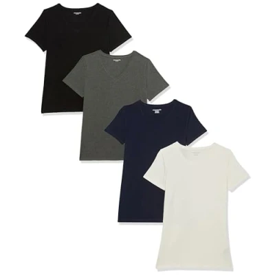Image of Amazon Essentials Women&#039;s Classic Fit Short Sleeve Crewneck T Shirt, Pack of 4, Black/Charcoal Heather/Navy/White, XXL