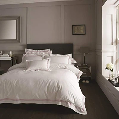 Image of EHD Devore Embroidered Border Designer Style Luxury Duvet Cover Sets Hotel Quality Reversible Bedding (White With Pink Border, King)