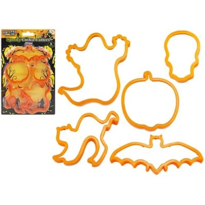 Image of PMS 979065 Orange Plastic Spooky Cookie Cutters (Set of 5) Unique &amp; Fun Halloween Designs