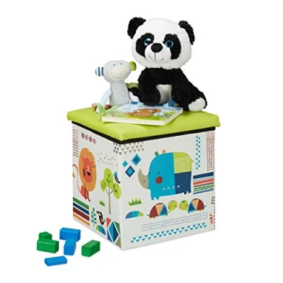 Image of Relaxdays Children&#039;s Seat Stool, Foldable Box, Storage Space, Cube, HxWxD 31 x cm, Green and White, Fibreboard, 1 item