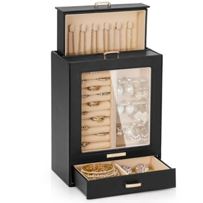 Image of Yorbay Seelux jewellery box, box with 3 drawers, glass window, for necklaces, rings, bracelets, earrings (Black + Gold)