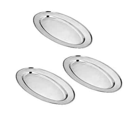 Image of Kosma Set of 3 Stainless Steel Oval Plates 55cm Meat Platter Serving Dish Fish Steaming Plate Carvery