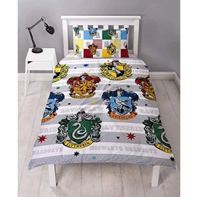 Image of Warner Brothers Harry Potter Single Duvet Set Hogwarts Houses Reversible Bedding Grey