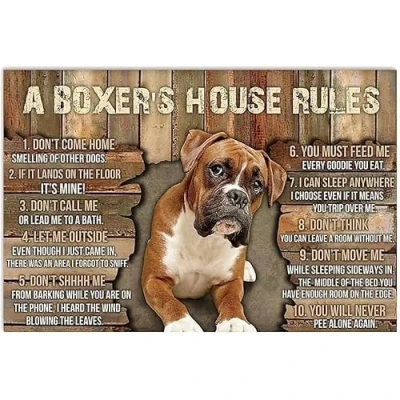 Image of Boxer Dog Metal Tin Sign A Boxer&#039;S House Rules Funny Poster Cafe Living Room Bathroom Kitchen Home Art Wall Decor Plaque Gift