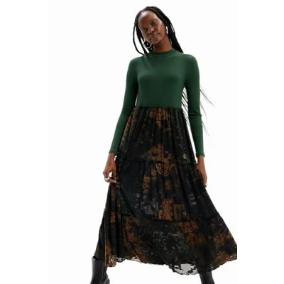 Image of Desigual Lena Green Long Sleeved Top &amp; Tiered Mesh Midi Skirt Dress 23WWVK89