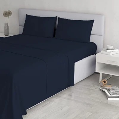 Image of Italian Bed Linen Elegant Set (Flat 250x300, Fitted Sheet 170x200cm+2 Pillowcases 52x82cm), Dark Blue, DOUBLE