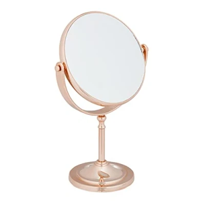 Image of Relaxdays Makeup Mirror, 2x Magnification, Double Sided, Swivels 360, Round, Standing, HxWxD: 27.5x18x10.5 cm, Copper, 60% plastic 30% glass 10% iron