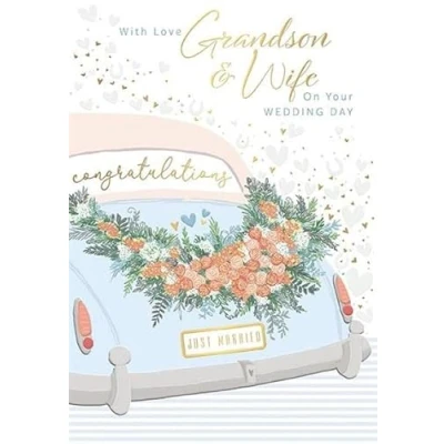 Image of Words &#039;n&#039; Wishes &#039;Grandson &amp; Wife&#039; Wedding Day Congratulations Card Car Flowers Embossed with Foil Eco Friendly Made in Great Britain
