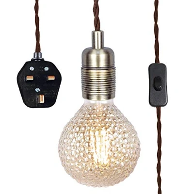 Image of Antique Brass Pendant Light Fitting with Plug in, Vintage Style Hanging KIT E27 Lamp Holder, 4500MM Braided Twisted Cable On/of Switch KIT04APG