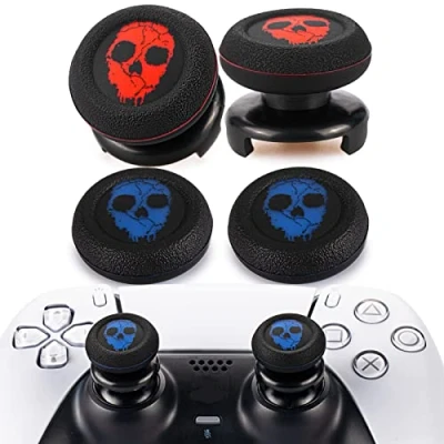 Image of Playrealm FPS Thumbstick Extender &amp; Printing Rubber Silicone Grip Cover 4 Sets for PS5 Dualsenese PS4 Controller (Ghost Red+Blue)