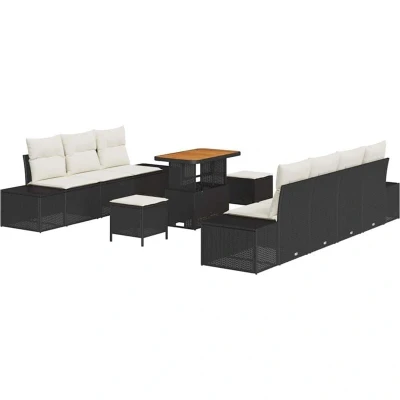 Image of vidaXL 10 Piece Garden Sofa Set with Cushions Black Poly Rattan Acacia