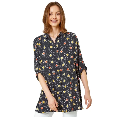 Image of Roman Originals Shirt for Women Ladies Cotton Blouse Button Through Tunic Printed Top Work Long Sleeve Smart Casual Going Out Office V Neck Everyday Evening Event Black Red Size 12