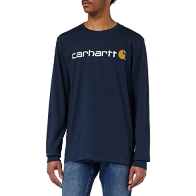 Image of Carhartt Men&#039;s Relaxed Fit Heavyweight Long Sleeve Logo Graphic T Shirt, Navy, XS
