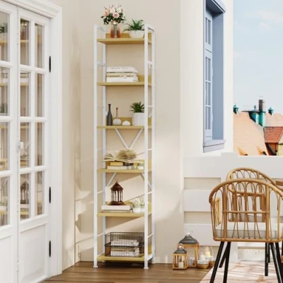 Image of YITAHOME Bookcase 6 Tiers, Floor Standing Book Shelf with 4 Hooks, Wooden and Metal Frame Rack Industrial Tall unit Storage for Living Room, Home Office, White Oak Bookshelf