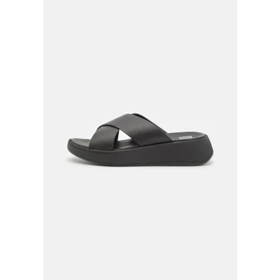 Image of Fitflop Women&#039;s F Mode Leather Flatform Cross Slides Wedge Sandal, All Black, 9 UK