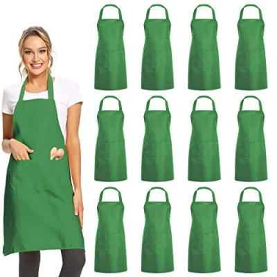 Image of DUSKCOVE 12 Pack Plain Bib Aprons with 2 Pockets Green Unisex Commercial Apron Bulk for Kitchen Cooking Restaurant BBQ Painting Crafting