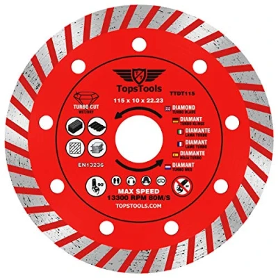 Image of 1 x TopsTools TTDT115 115mm (4.5&quot;) 10mm 22.23mm Bore Turbo Diamond Angle Grinder Circular Saw Blade Compatible with Bosch Dewalt Makita Milwaukee and Many Others