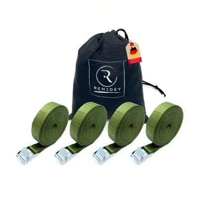 Image of REMIDEY Tie Down Straps with Clamping Lock Lashing Strap Long Set Green 5 m 4 Pieces DIN EN12195 2 Load Capacity up to 250 kg Mounting for Motorcycle Camping Bicycle Carrier