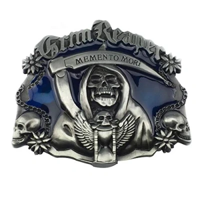 Image of Men?s Grim Reaper Skull Skeleton Punisher Belt buckle Cowboy Style,Gift for Birthday, Father&#039;s Day,Christmas Day, Blue, Large