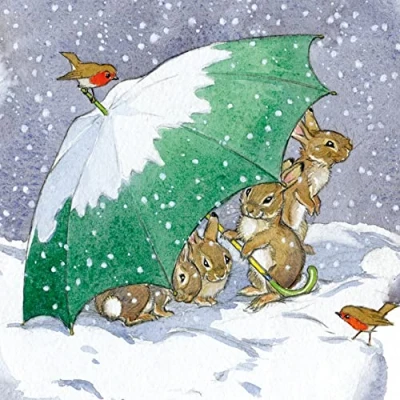 Image of Christmas Cards (MG 349114 XPE) Rabbits Sheltering Under Umbrella Pack of 8 From The Classics Range