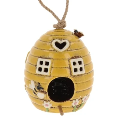 Image of Shudehill Giftware Village Pottery Beehive Birdhouse/Feeder in Cream or Yellow (Yellow Birdhouse)