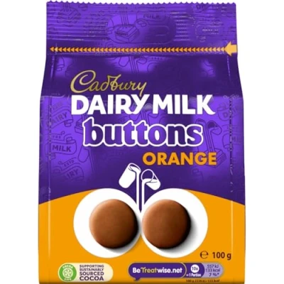 Image of Cadbury Dairy Milk Chocolate Orange Flavour Giant Buttons, Sharing Bag, Bite Size Treats, 100 g Bag (Pack of 1)