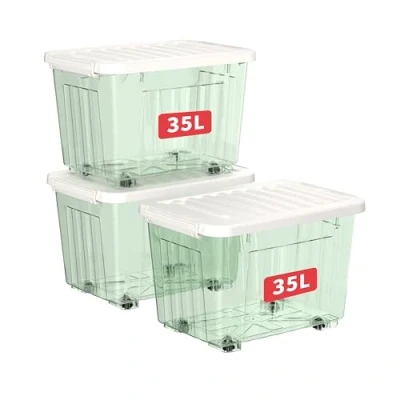 Image of Cetomo 35L*3 Storage Boxes with Wheels, Plastic Box Lid, Latching Buckles, Click Closure, Stackable, Nesting, Durable Organizer for Home Office Clothes, Clear Green, 35L 3 Pack