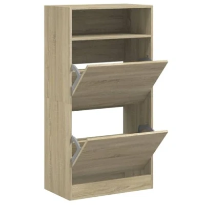 Image of vidaXL Sonoma Oak Shoe Cabinet Engineered Wood with 2 Flip Drawers/1 Shelf for Entryway, Hallway Storage 60x34x116 cm