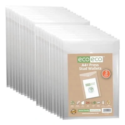 Image of eco A4 50% Recycled Clear Transparent Portrait Press Stud Popper Wallet, Plastic Folders 330x235mm (Pack of 20), 200mic, eco157x4