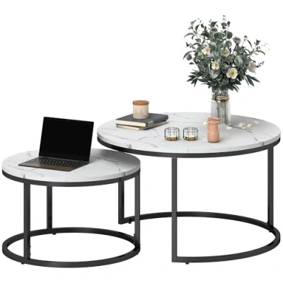 Image of HOMCOM Nest of Tables, Round Coffee Table Set 2, Tables with Steel Frame for Living Room, Marble White
