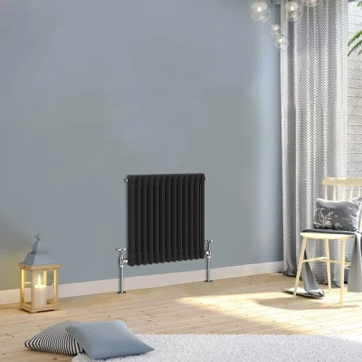 Image of Warmehaus Traditional Radiator Double Column Black Horizontal Cast Iron Style Central Heating 600x605mm
