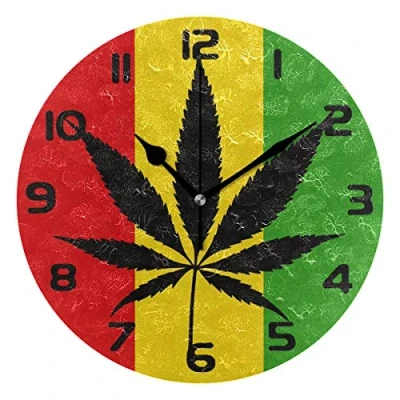 Image of Hunihuni Wall Clock Cannabis Leaf Silent Non ticking for Bedroom Living Room Home Office Decor