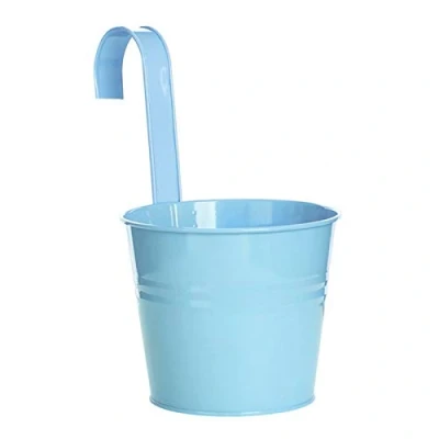 Image of Flower Pots, Garden Pots Hanging Buckets Planter, Metal Plant Home Decor with Hook For Balcony Fence Light Blue S
