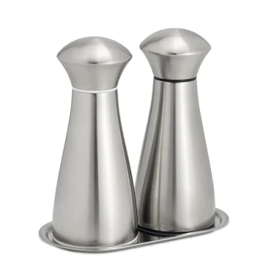 Image of Robert Welch Signature Satin Medium Salt &amp; Pepper Mill Set with Tray. Made from Stainless Steel. 25 Year Guarantee.