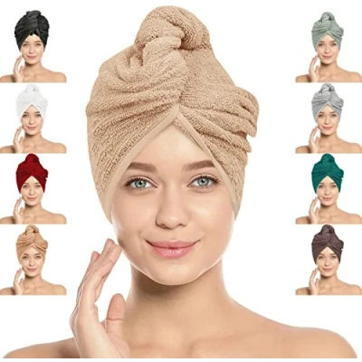 Image of LOOM KNIT Hair Towel Wrap Lightweight Turban, Instant Drying 100% Cotton Cap Super Quick Absorbent Anti Frizz Twist Towelling Dry Hat with Button and Loop for Long Curly Hairs, 64 x 24CM
