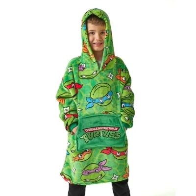 Image of Teenage Mutant Ninja Turtles Boys Wearable Blanket Kids Green All Over Print Fleece Hoodie Warm &amp; Cosy Heavyweight Snuggle Hooded Pullover Classic Cartoon Loungewear Gift for Children