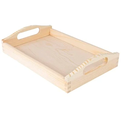 Image of Creative Deco Large Wooden Serving Tray for Breakfast 30x20x6.3cm Rectangular &amp; Unpainted with Handles Bed Coffee Tea Drinks Food Platter Kitchen Bedroom Table