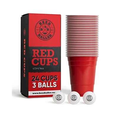 Image of BeerBaller Party Supplies 25 Red Cups &amp; 3 Balls Set, Reusable, Dishwasher Safe, 16oz, Games for Birthday, Christmas Celebrations