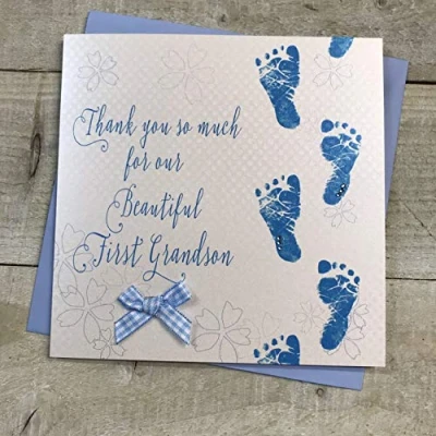 Image of WHITE COTTON CARDS Thank you so much for our Beautiful First Grandson handmade Baby card Blue Footprints WB300,16cm x 16cm